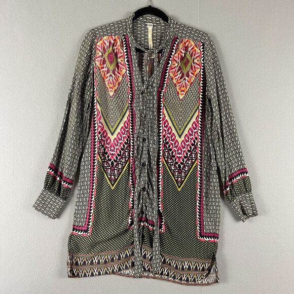 Uncle Frank Tops - Uncle Frank Tunic Top Womens XS Geometric Button Front Tie Neck Aztec Boho Artsy